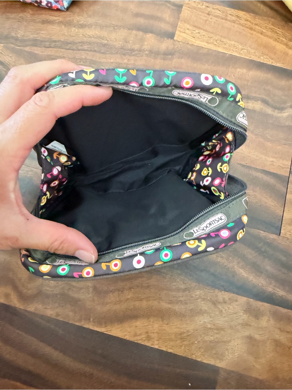 LeSportsac Black Cosmetic Pouch with Neon Pink, Green, Yellow and Orange Icons - Picture 4 of 4